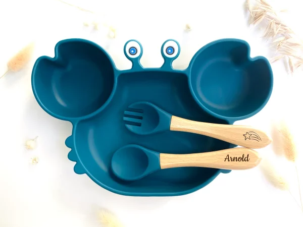 ASSIETTE ET COUVERTS CRABE BLEU SILICONE - LES PETITS CITRONS
