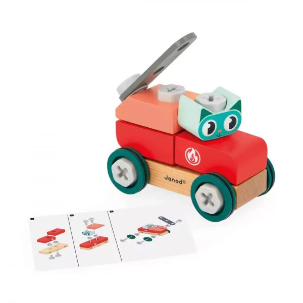 Venez découvrir la voiture à bricoler  de la collection “brico'kids” de la marque Janod. Petit chat débarque sur le chantier ! Cette voiture à construire en bois invite les enfants à partir de 3 ans à développer leur imagination et leur motricité fine en assemblant les pièces, pour ensuite faire la course ! Ce jeu de construction est composé de 10 pièces en bois et de 18 éléments de visserie en plastique (vis, écrous, inserts). Un tournevis est également inclus, ainsi qu'une carte modèle pour accompagner les bricoleurs en herbe dans l'assemblage du véhicule.
