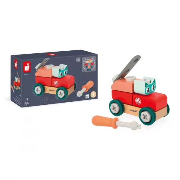 Venez découvrir la voiture à bricoler  de la collection “brico'kids” de la marque Janod. Petit chat débarque sur le chantier ! Cette voiture à construire en bois invite les enfants à partir de 3 ans à développer leur imagination et leur motricité fine en assemblant les pièces, pour ensuite faire la course ! Ce jeu de construction est composé de 10 pièces en bois et de 18 éléments de visserie en plastique (vis, écrous, inserts). Un tournevis est également inclus, ainsi qu'une carte modèle pour accompagner les bricoleurs en herbe dans l'assemblage du véhicule.