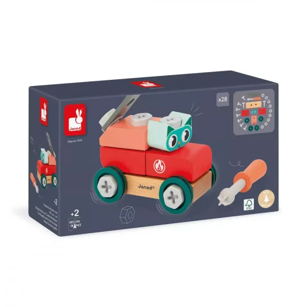 Venez découvrir la voiture à bricoler  de la collection “brico'kids” de la marque Janod. Petit chat débarque sur le chantier ! Cette voiture à construire en bois invite les enfants à partir de 3 ans à développer leur imagination et leur motricité fine en assemblant les pièces, pour ensuite faire la course ! Ce jeu de construction est composé de 10 pièces en bois et de 18 éléments de visserie en plastique (vis, écrous, inserts). Un tournevis est également inclus, ainsi qu'une carte modèle pour accompagner les bricoleurs en herbe dans l'assemblage du véhicule.