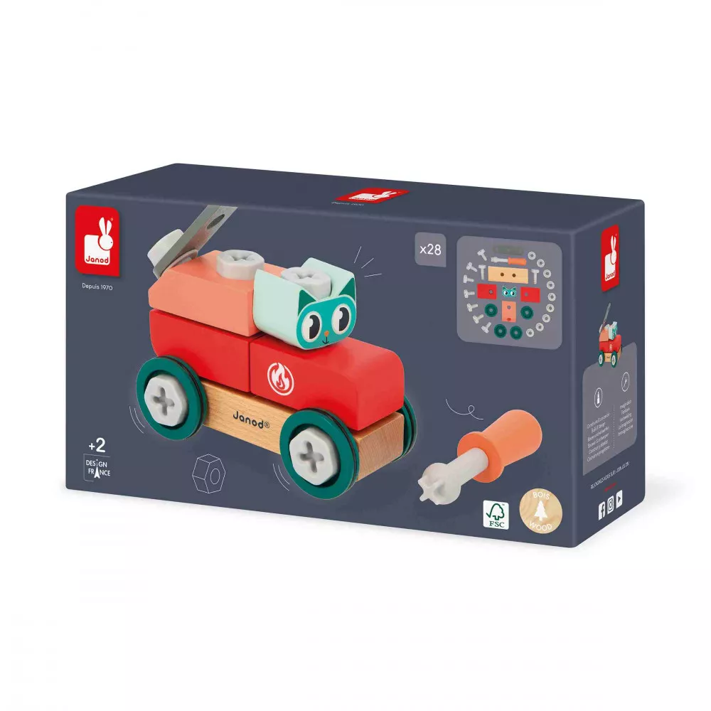 Venez découvrir la voiture à bricoler  de la collection “brico'kids” de la marque Janod. Petit chat débarque sur le chantier ! Cette voiture à construire en bois invite les enfants à partir de 3 ans à développer leur imagination et leur motricité fine en assemblant les pièces, pour ensuite faire la course ! Ce jeu de construction est composé de 10 pièces en bois et de 18 éléments de visserie en plastique (vis, écrous, inserts). Un tournevis est également inclus, ainsi qu'une carte modèle pour accompagner les bricoleurs en herbe dans l'assemblage du véhicule.