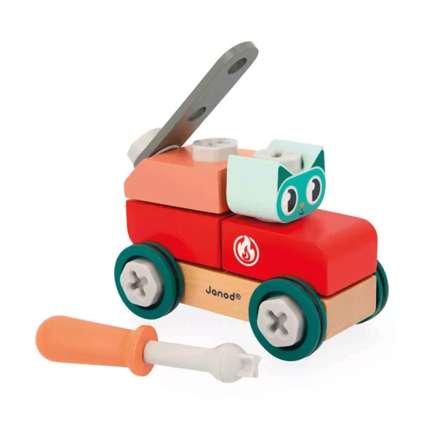 Venez découvrir la voiture à bricoler  de la collection “brico'kids” de la marque Janod. Petit chat débarque sur le chantier ! Cette voiture à construire en bois invite les enfants à partir de 3 ans à développer leur imagination et leur motricité fine en assemblant les pièces, pour ensuite faire la course ! Ce jeu de construction est composé de 10 pièces en bois et de 18 éléments de visserie en plastique (vis, écrous, inserts). Un tournevis est également inclus, ainsi qu'une carte modèle pour accompagner les bricoleurs en herbe dans l'assemblage du véhicule.